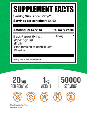 BulkSupplements extrait de poivre noir en poudre 1kg avec étiquette