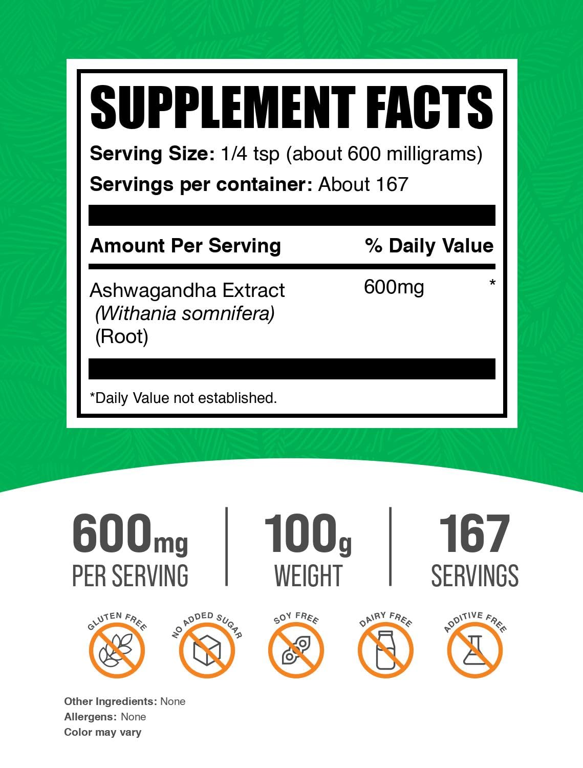 BulkSupplements extrait de racine d'ashwagandha 100g arrière