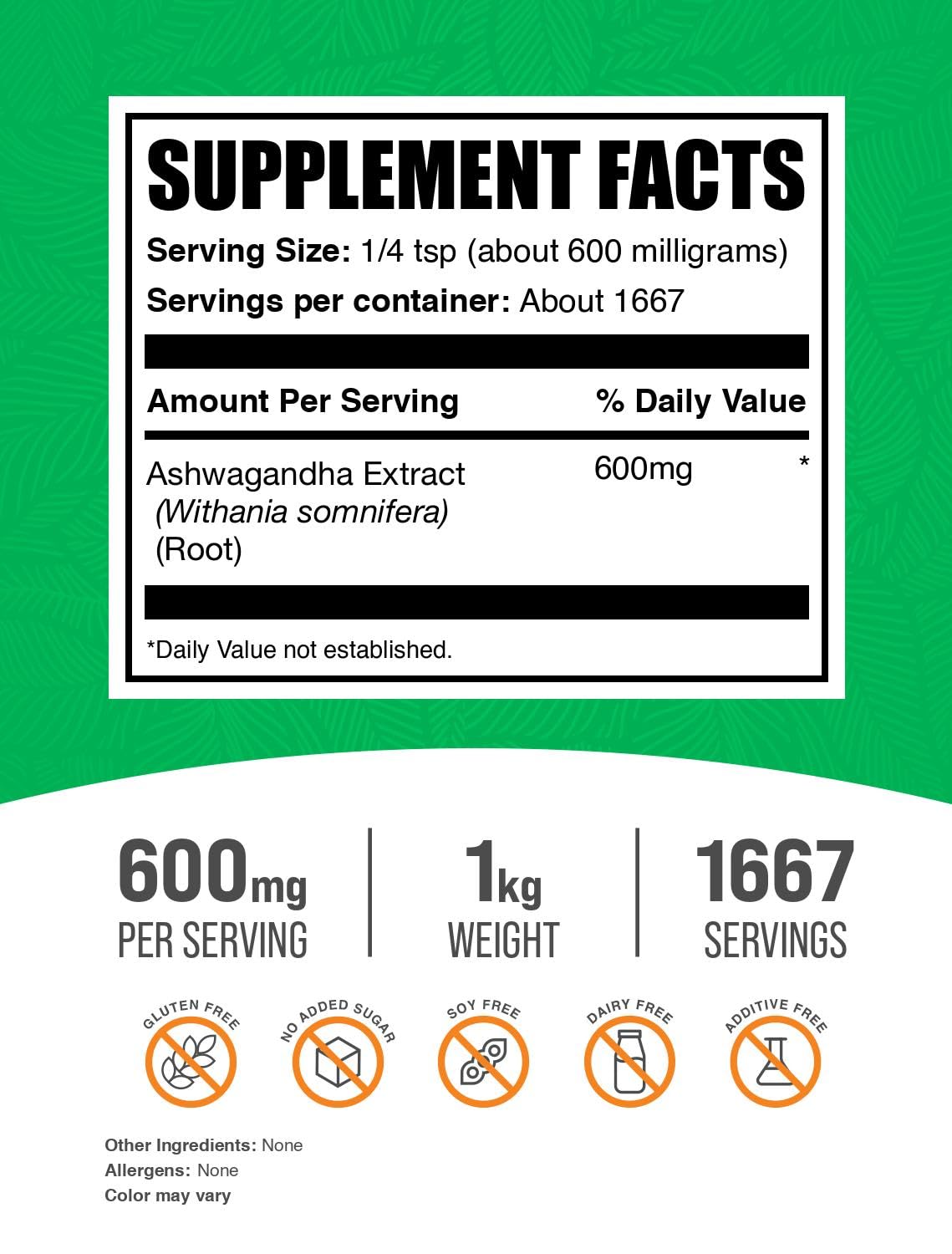 BulkSupplements Extrait de Racine d'Ashwagandha 1kg avec étiquette