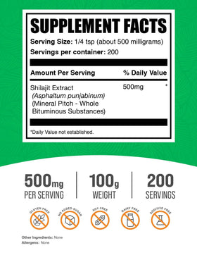 BulkSupplements Extrait de Shilajit 100g vue arrière avec informations nutritionnelles