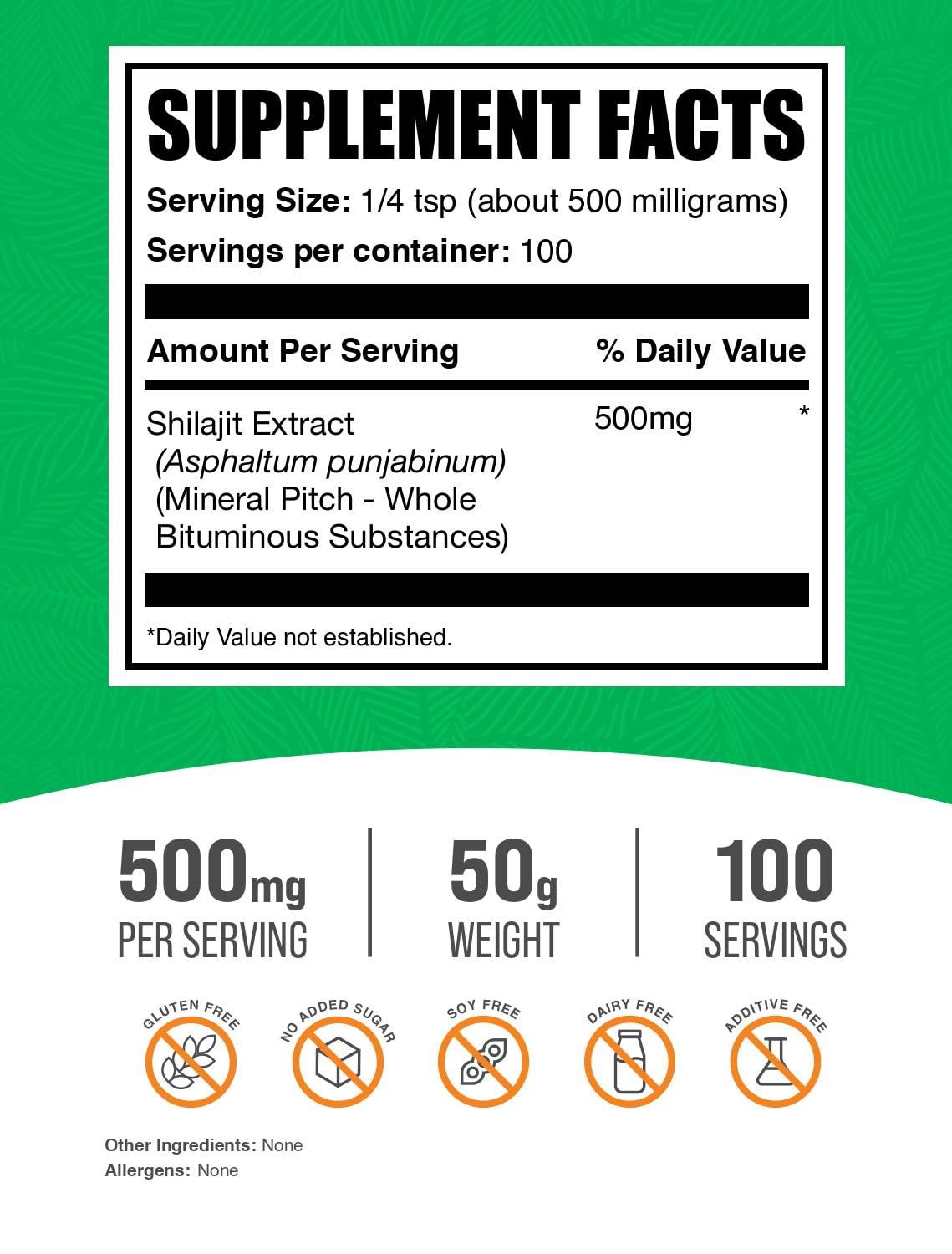 BulkSupplements Extrait de Shilajit vue de côté, dosage de 500mg