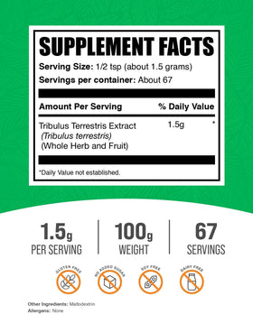 BulkSupplements extrait de Tribulus Terrestris 100g emballage