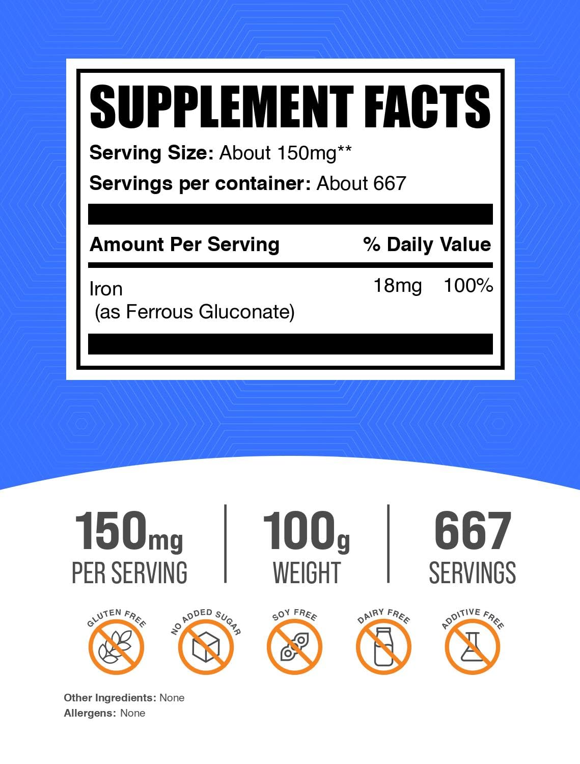 BulkSupplements Ferrous Gluconate Poudre 150mg Fer emballage