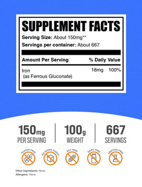 BulkSupplements Ferrous Gluconate Poudre 150mg Fer emballage