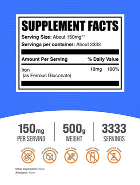 BulkSupplements Ferrous Gluconate Poudre 500g étiquette et informations nutritionnelles