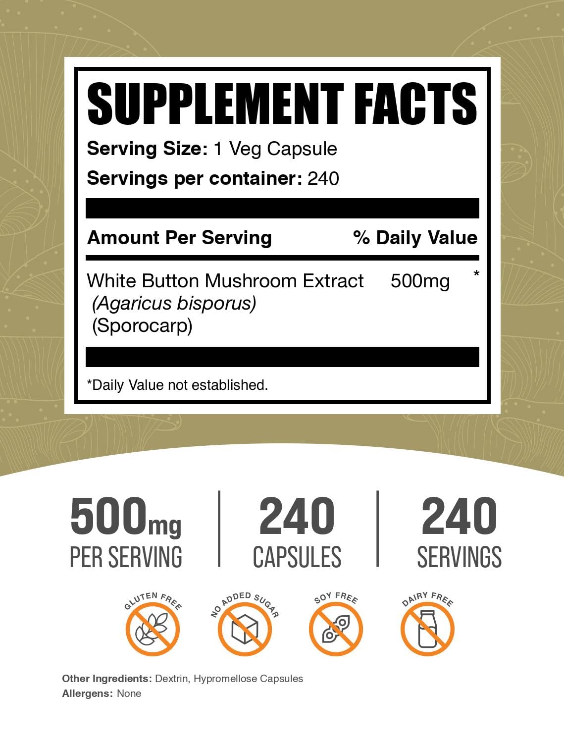 BulkSupplements gélules de champignon Agaricus 240 gélules, vue arrière