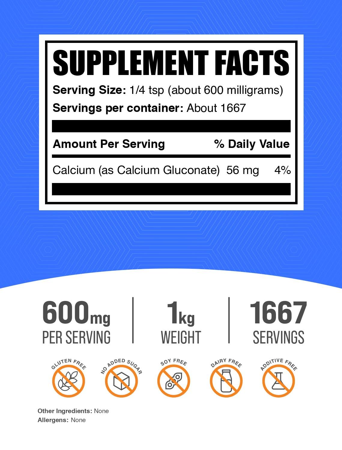 BulkSupplements Gluconate de Calcium Poudre 600mg 1kg vue de dos