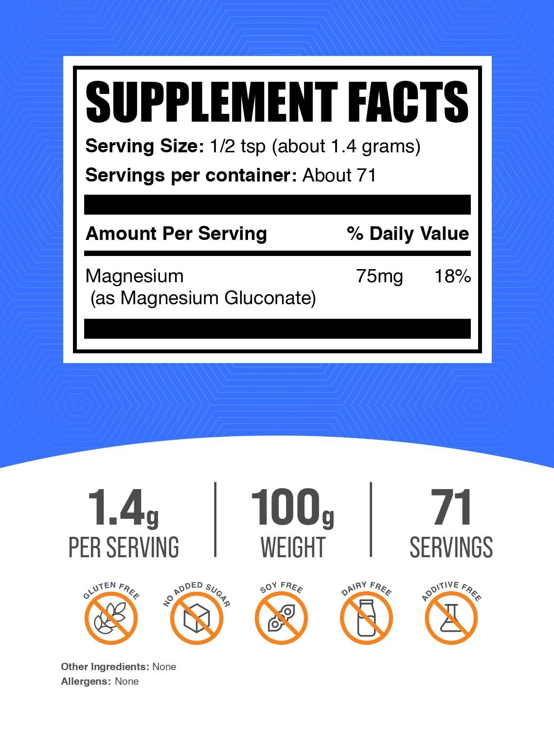 BulkSupplements Gluconate de Magnésium 100g - vue arrière du paquet