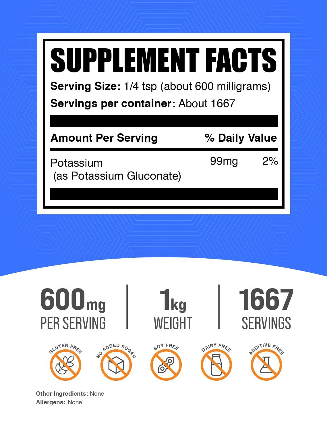 BulkSupplements Gluconate de Potassium 1kg vue de côté