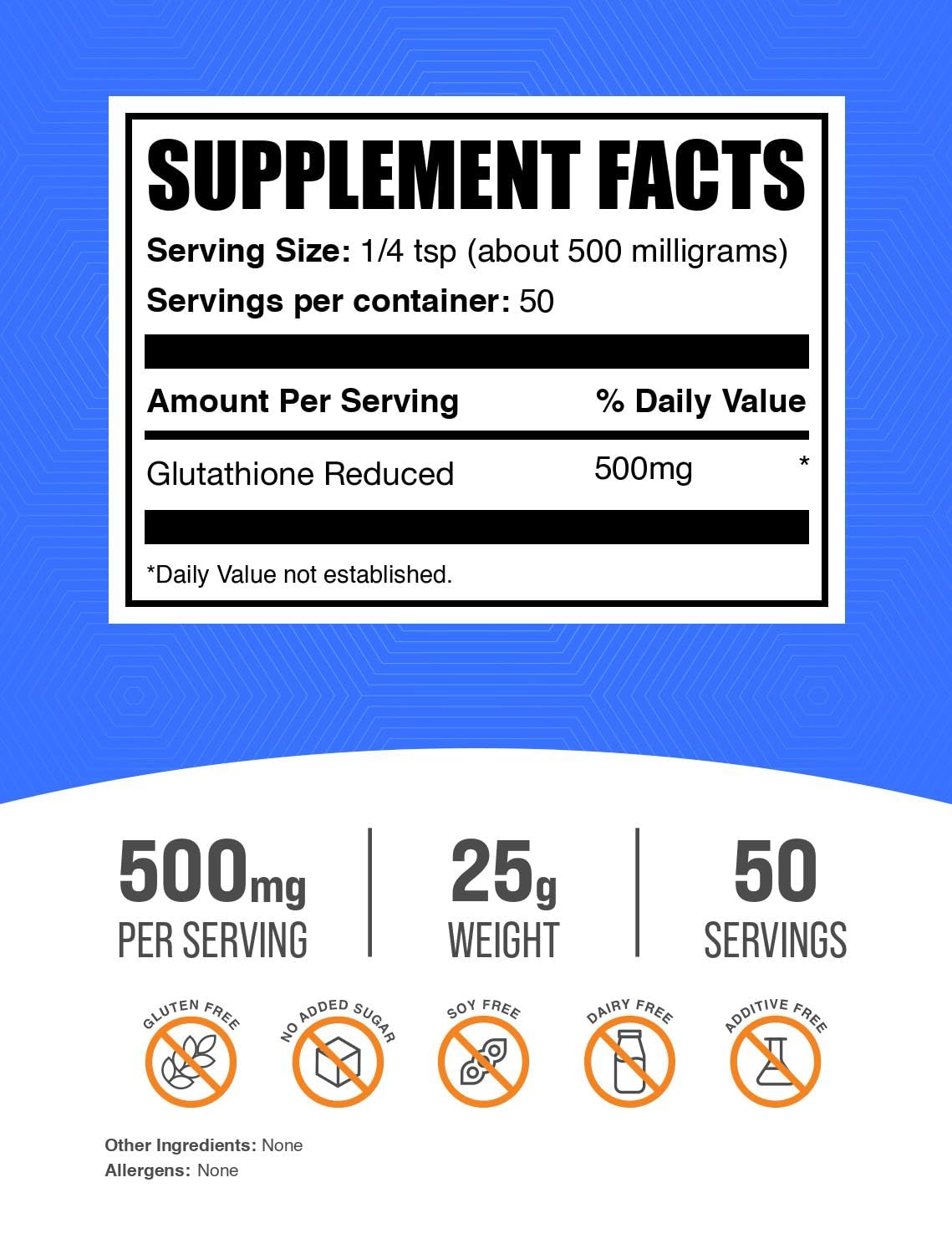 BulkSupplements Glutathione Réduit Poudre 500mg étiquette détaillée