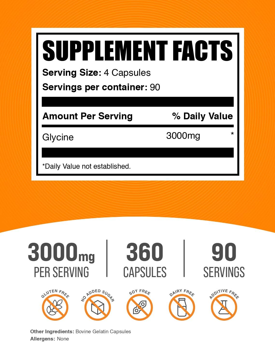 BulkSupplements Glycine Capsules 3000mg back view