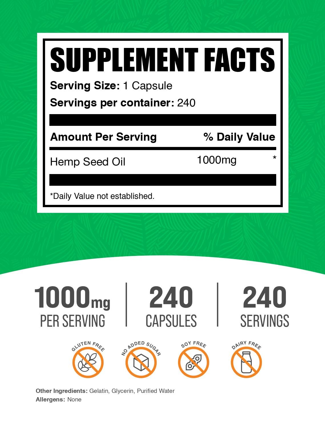 BulkSupplements Huile de Graines de Chanvre Softgels 1000mg - étiquette du produit