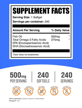 BulkSupplements huile de poisson 500mg gélules sur fond blanc
