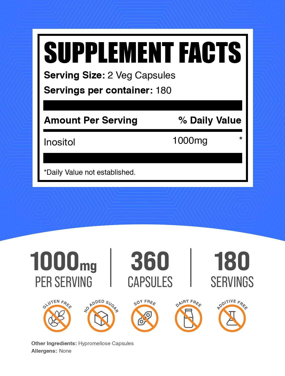 BulkSupplements Inositol capsules 1000mg side view showing dosage