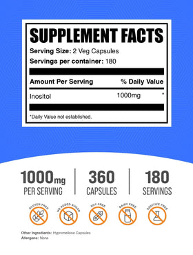 BulkSupplements Inositol capsules 1000mg side view showing dosage