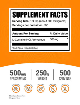 BulkSupplements L-Cystéine HCl Poudre 500mg 250g emballage