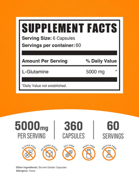 BulkSupplements L-Glutamine capsules avec contenu sur une table