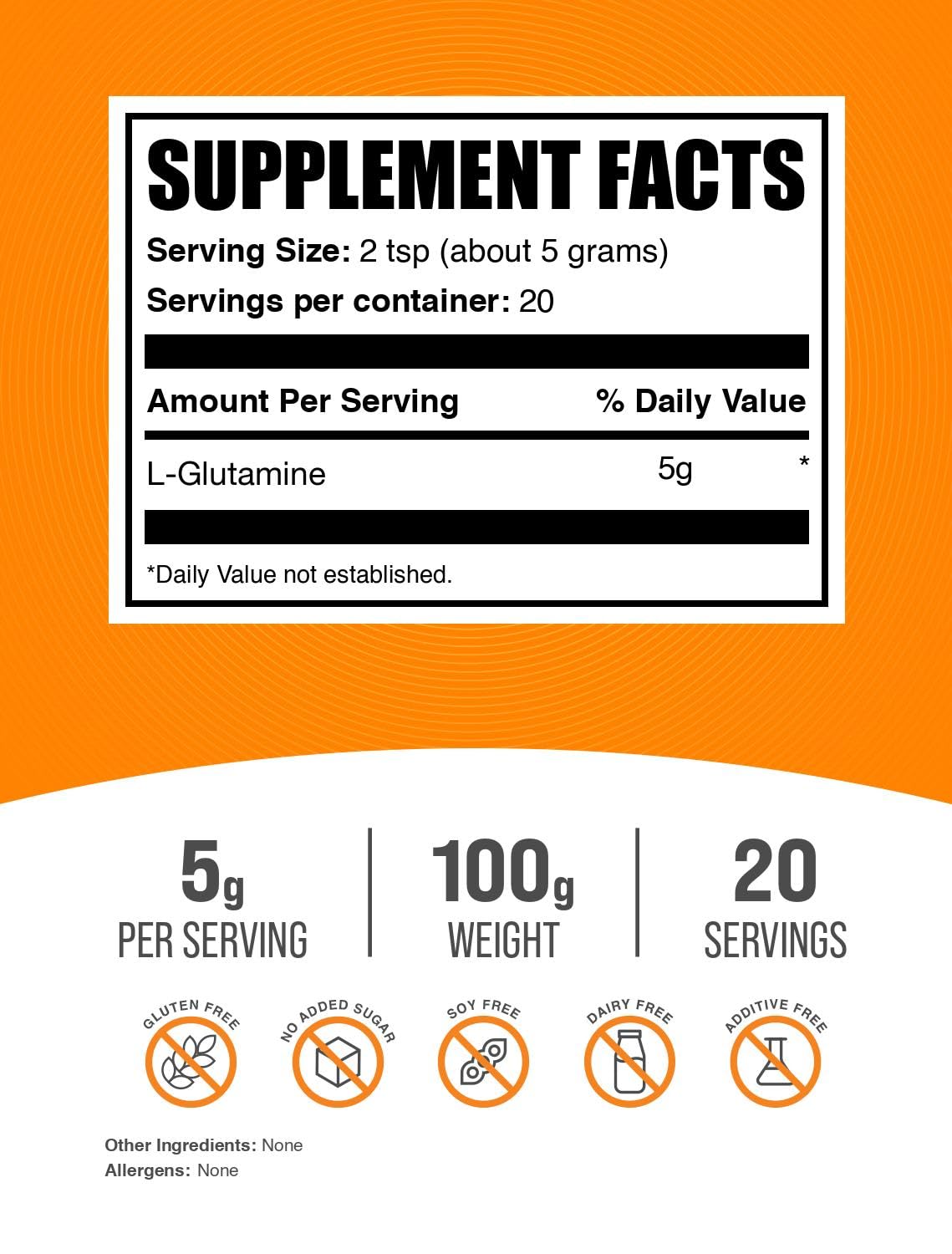 BulkSupplements L-Glutamine Poudre 5000mg 100g vue arrière