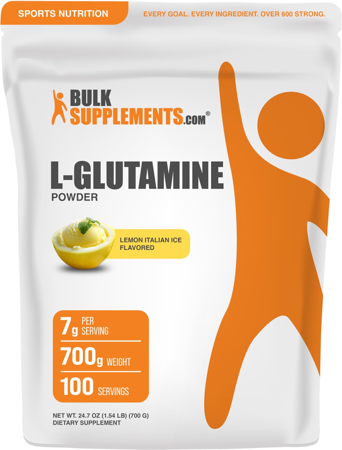 BulkSupplements L-Glutamine Poudre 700g Saveur Citron Italian Ice vue de face