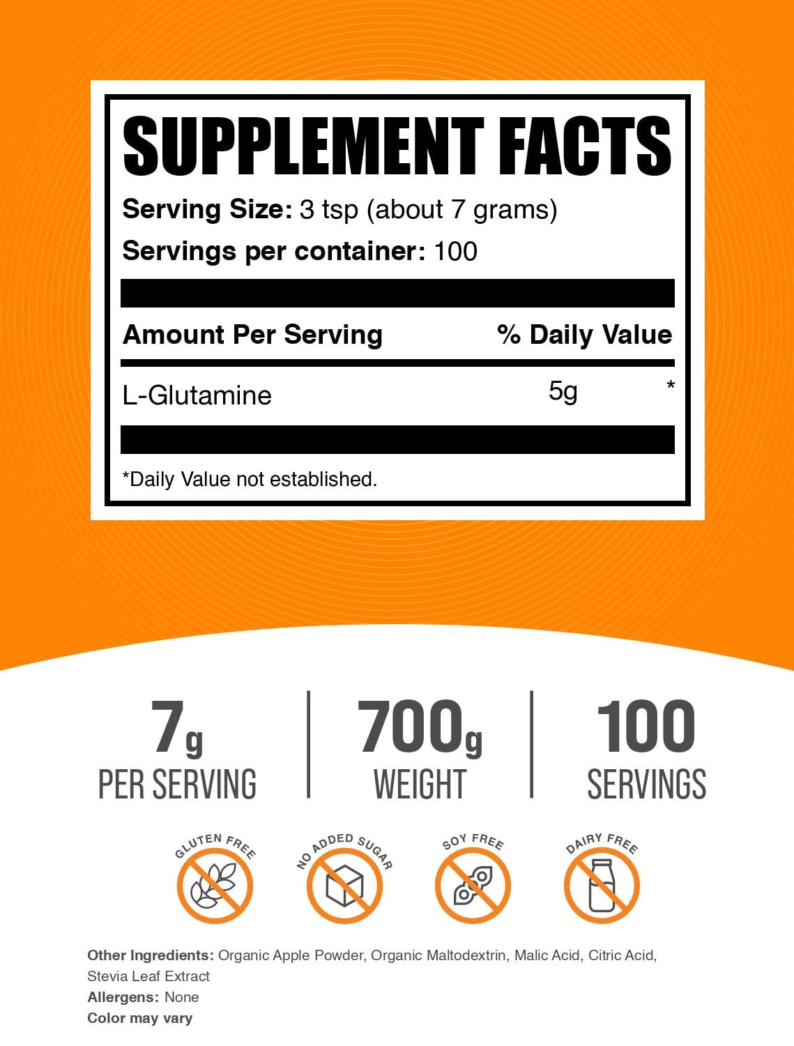 BulkSupplements L-Glutamine Poudre Saveur Pomme Verte 700g étiquette