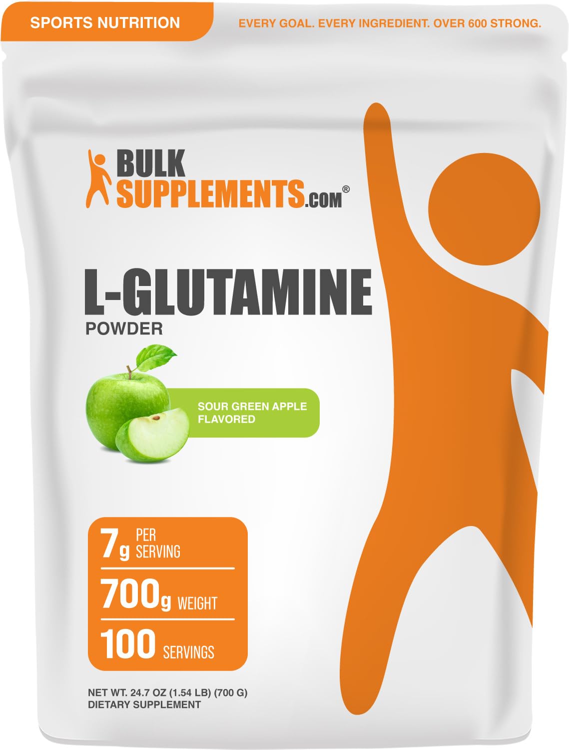 BulkSupplements L-Glutamine Poudre Saveur Pomme Verte 700g vue de face
