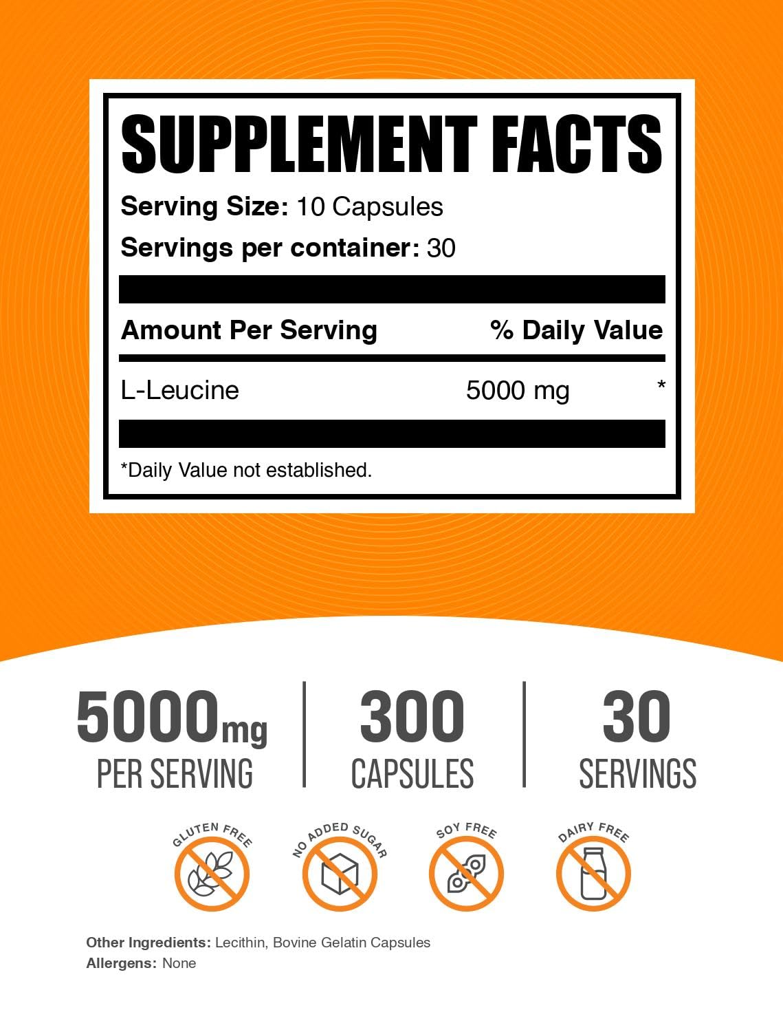BulkSupplements L-Leucine 5000mg capsules, vue arrière du packaging