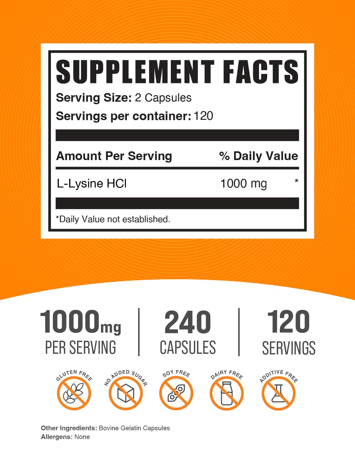 BulkSupplements L-Lysine HCl capsules 1000mg dosage de 2 capsules