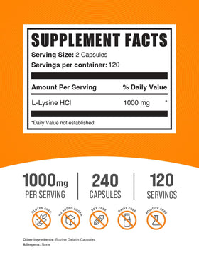 BulkSupplements L-Lysine HCl capsules 1000mg dosage de 2 capsules