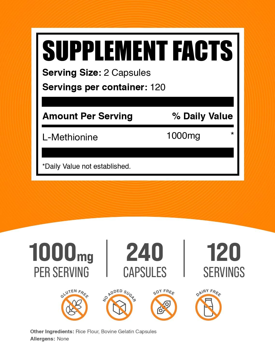BulkSupplements L-Méthionine 1000mg capsules side view