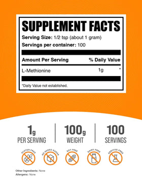BulkSupplements L-Méthionine Poudre 100g étiquette et informations