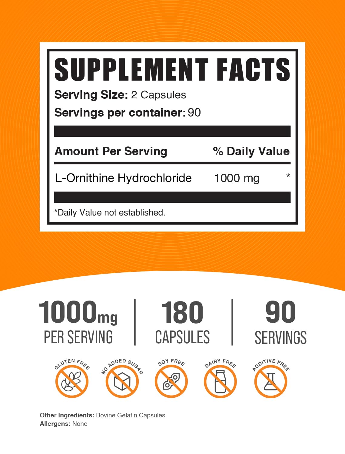 BulkSupplements L-Ornithine HCl Capsules 1000mg dosage dans une main