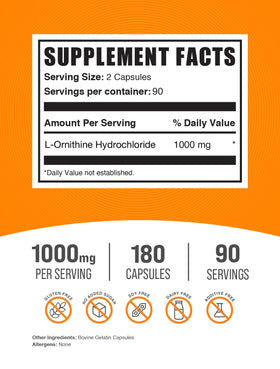 BulkSupplements L-Ornithine HCl Capsules 1000mg dosage dans une main