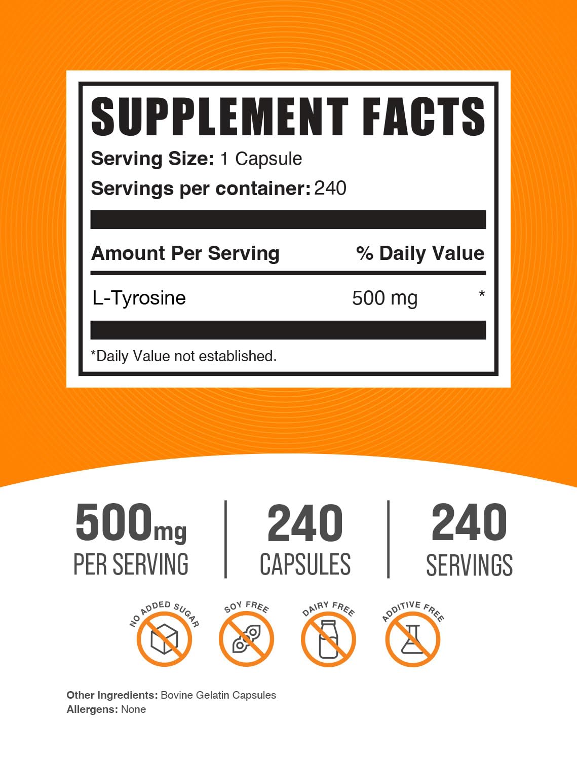 BulkSupplements L-Tyrosine 500mg capsules, étiquette avec spécifications