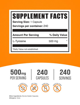BulkSupplements L-Tyrosine 500mg capsules, étiquette avec spécifications