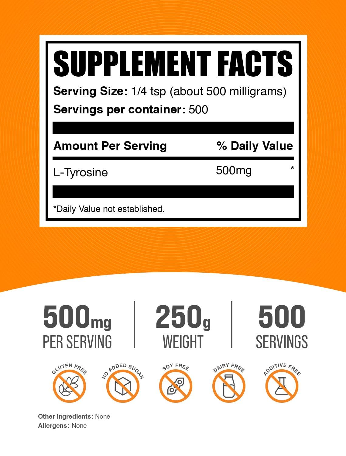 BulkSupplements L-Tyrosine Poudre 500mg 250g étiquette