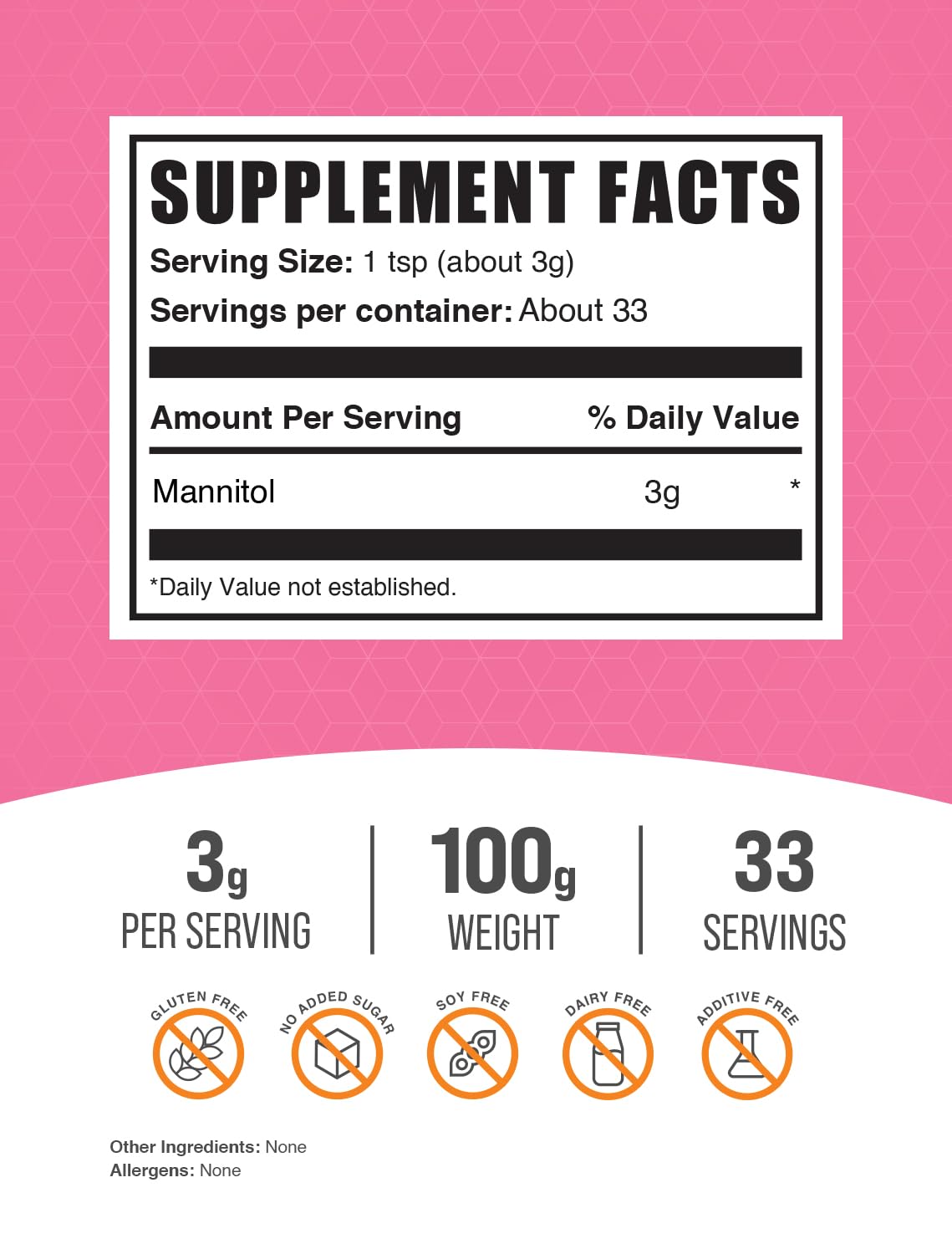 BulkSupplements Mannitol Poudre 100g vue arrière avec informations nutritionnelles