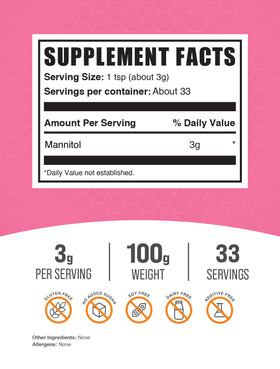 BulkSupplements Mannitol Poudre 100g vue arrière avec informations nutritionnelles