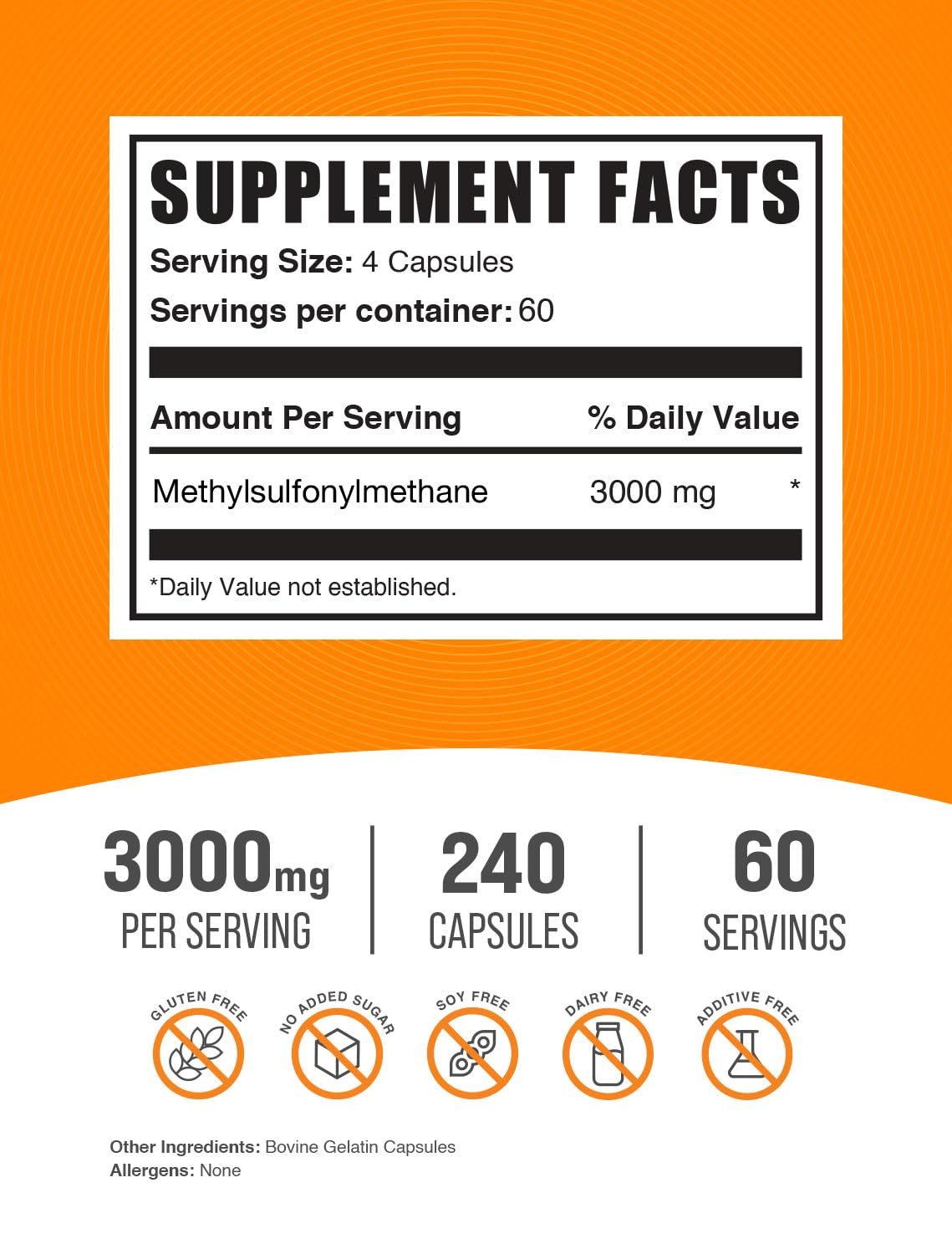 BulkSupplements MSM Capsules 3000mg gélules sur une table