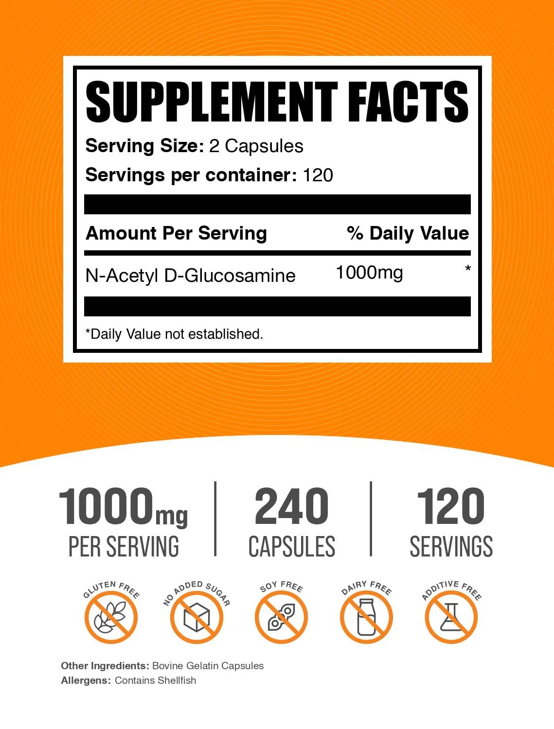 BulkSupplements N-Acetyl Glucosamine capsules side view with dosage