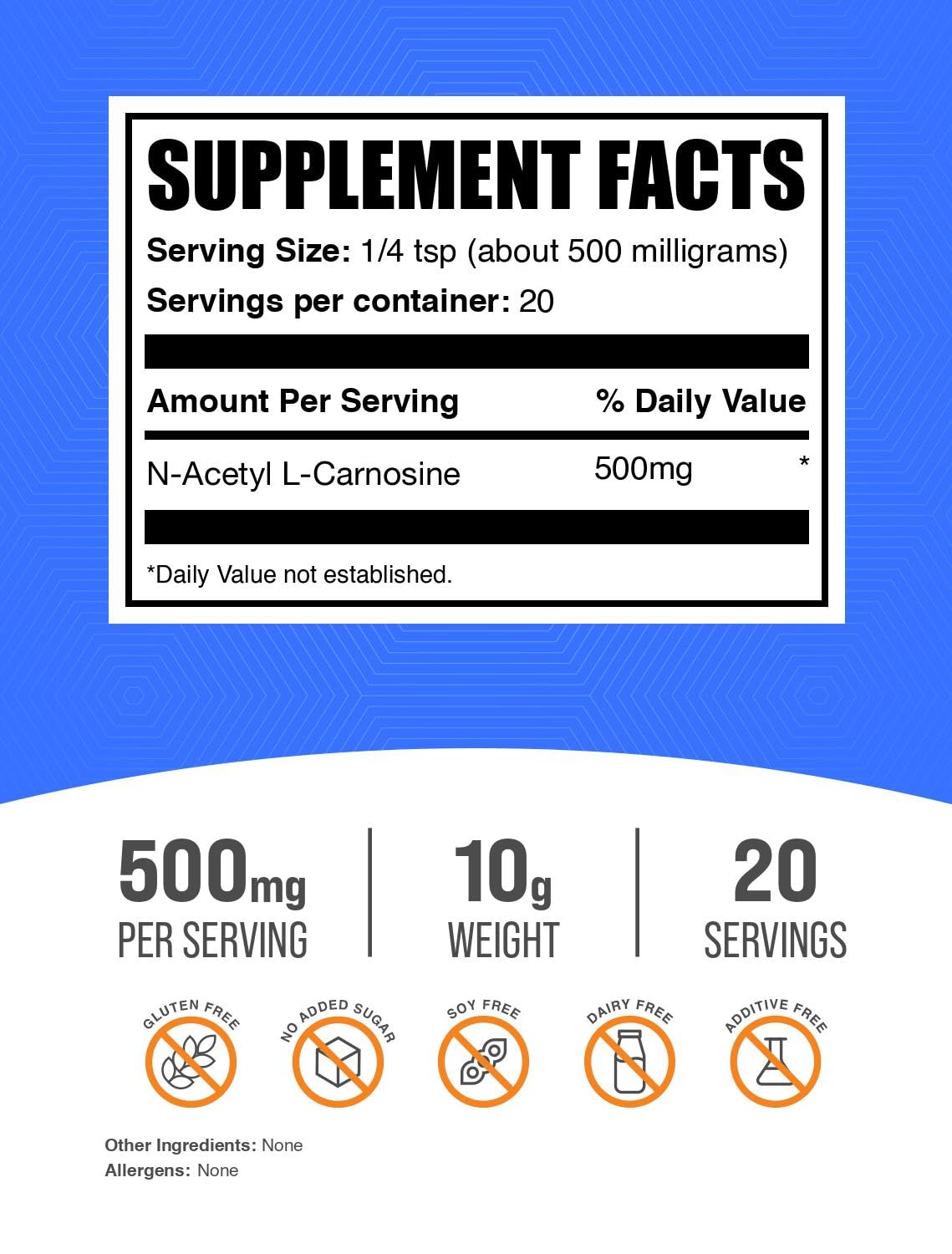 BulkSupplements N-Acetyl L-Carnosine Poudre 500mg arrière de l'emballage