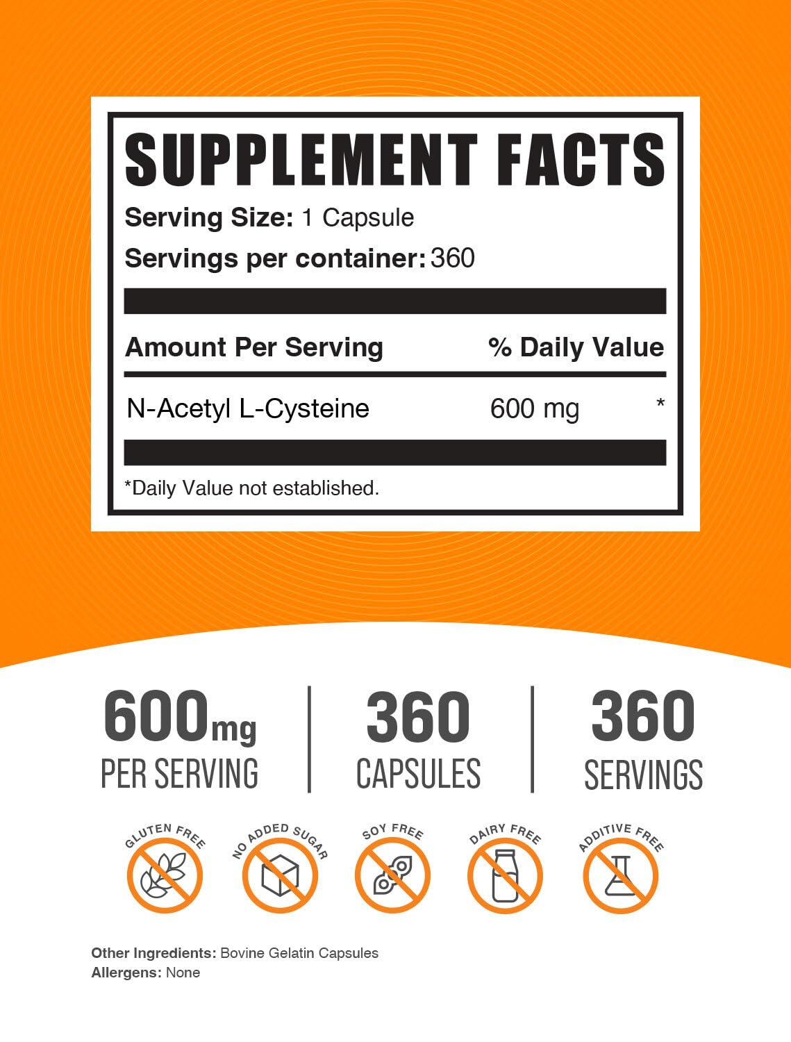 BulkSupplements N-Acetyl L-Cysteine 600mg capsules side view