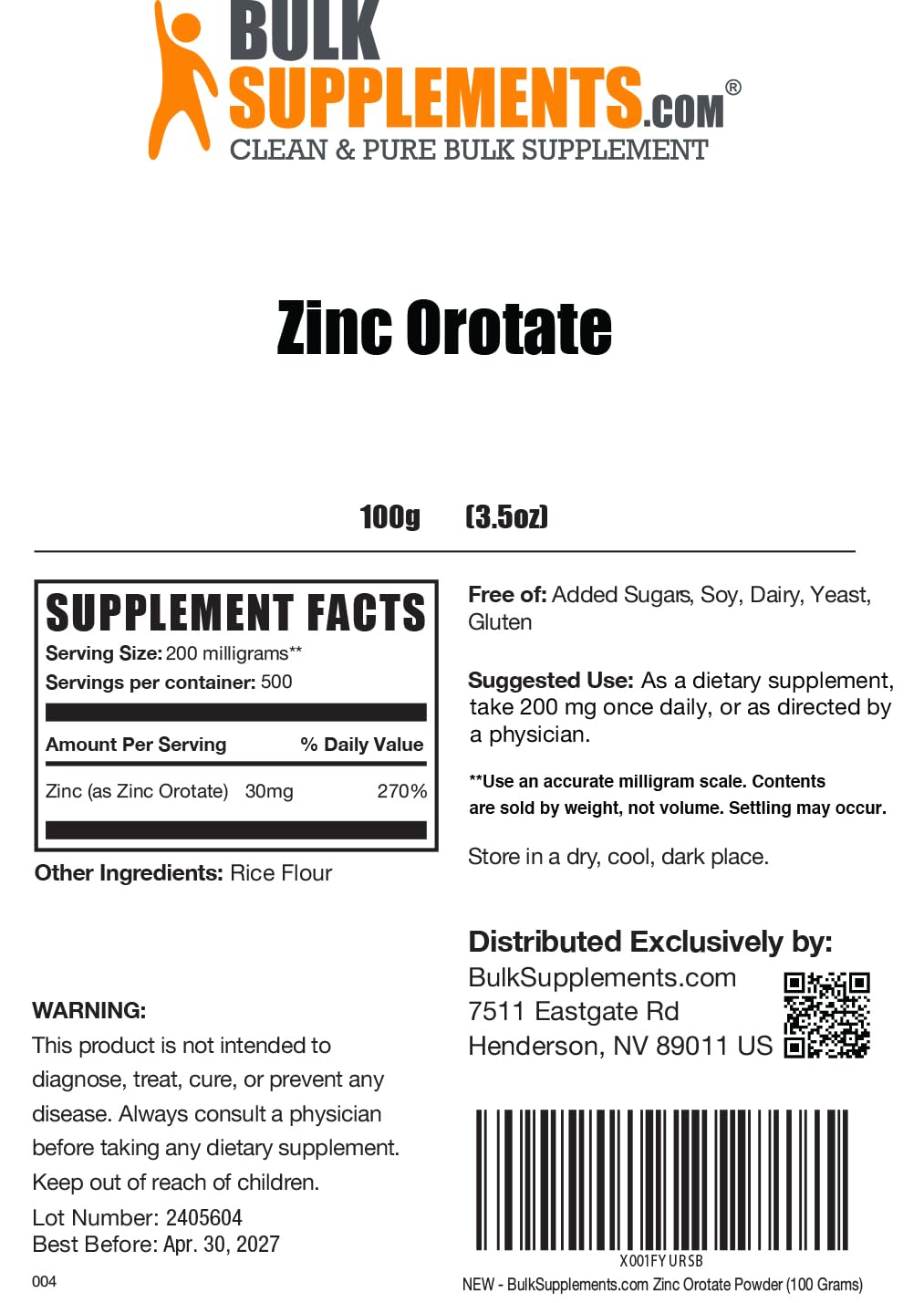 BulkSupplements Orotate de Zinc en Poudre 100g, comparatif avec d'autres compléments