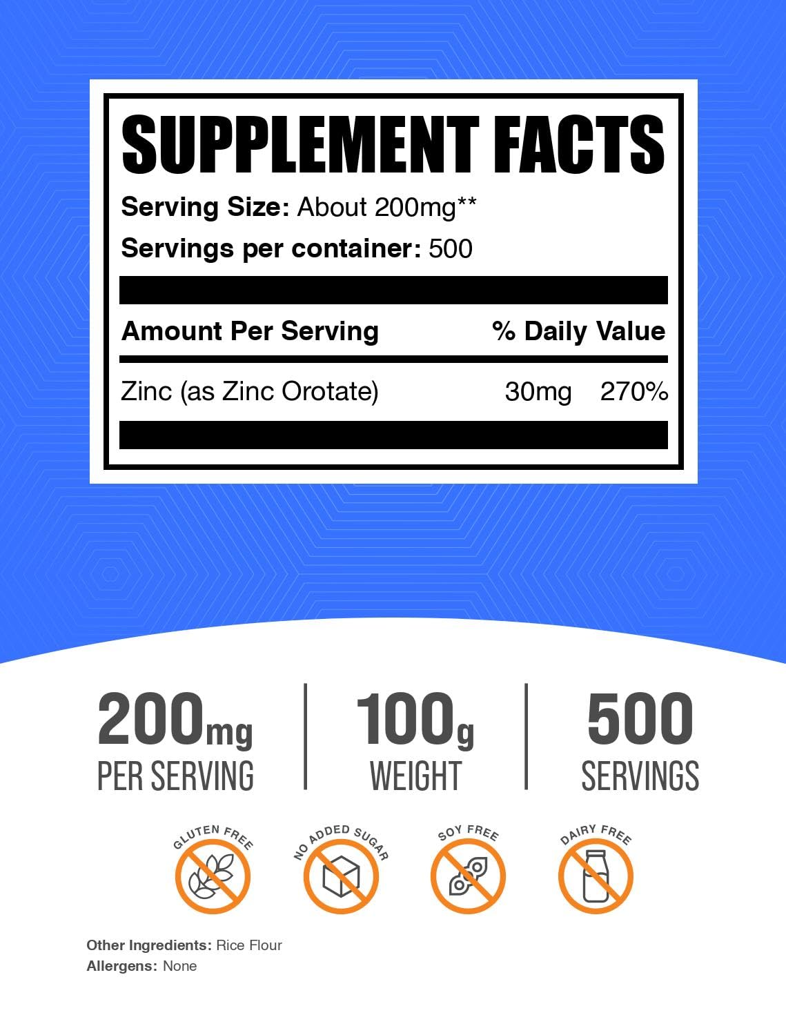 BulkSupplements Orotate de Zinc en Poudre 100g, vue latérale