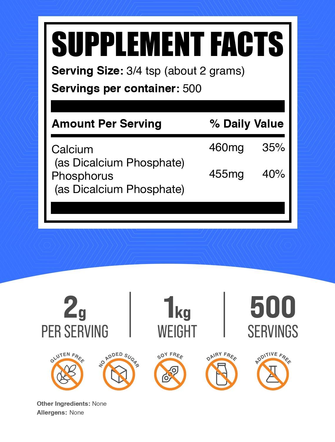 BulkSupplements Phosphate Dicalcique Poudre 1kg - étiquette avec détails nutritionnels