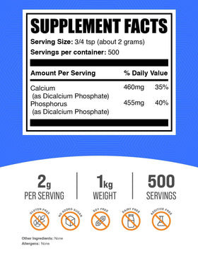 BulkSupplements Phosphate Dicalcique Poudre 1kg - étiquette avec détails nutritionnels