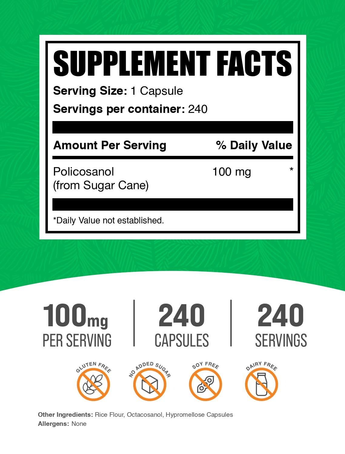 BulkSupplements Policosanol Capsules 100mg 240 unités vue de côté