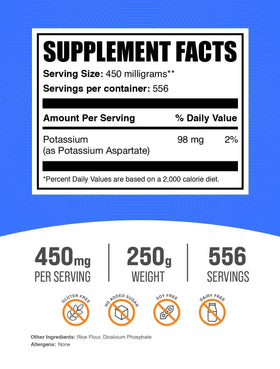 BulkSupplements Potassium Aspartate Poudre 450mg détails de l'étiquette