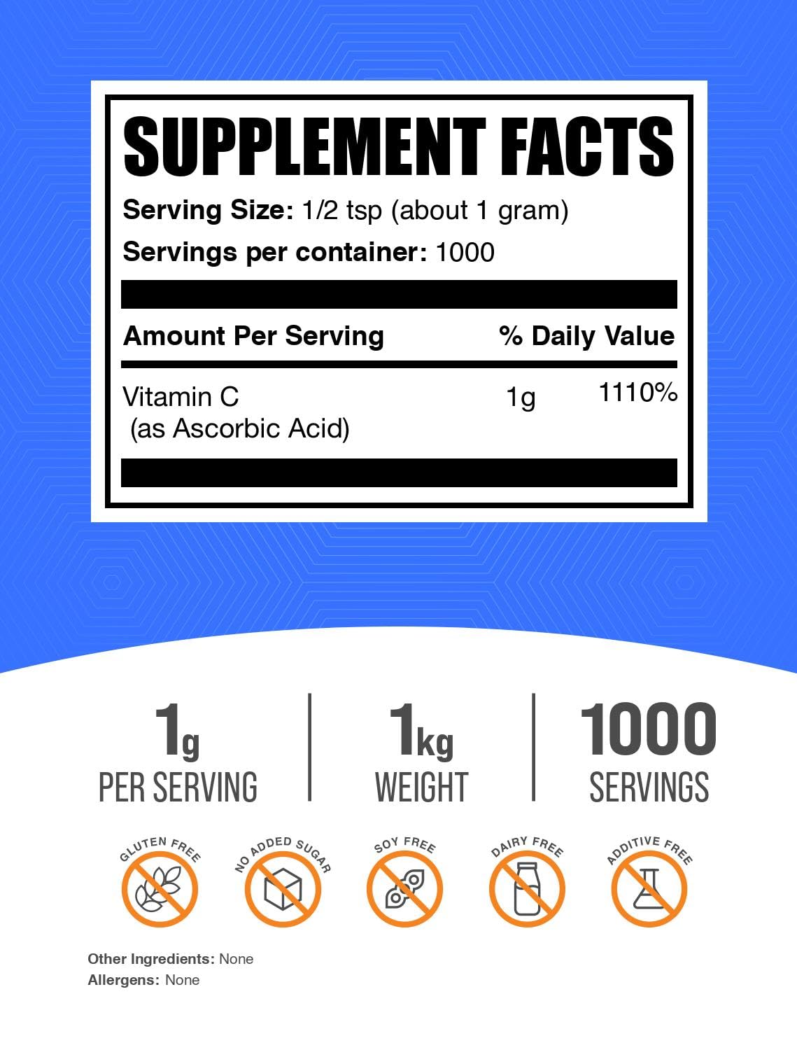 BulkSupplements Poudre d'Acide Ascorbique 1kg vue arrière