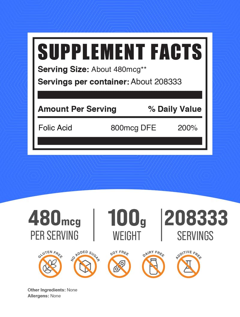 BulkSupplements Poudre d'Acide Folique 100g emballage