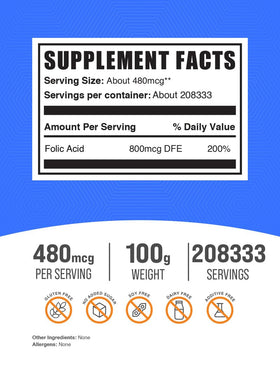 BulkSupplements Poudre d'Acide Folique 100g emballage